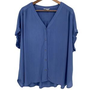 ORVIS NWOT Relaxed V Neck Button Down Flowy Rayon Short Sleeve Blouse XL Blue